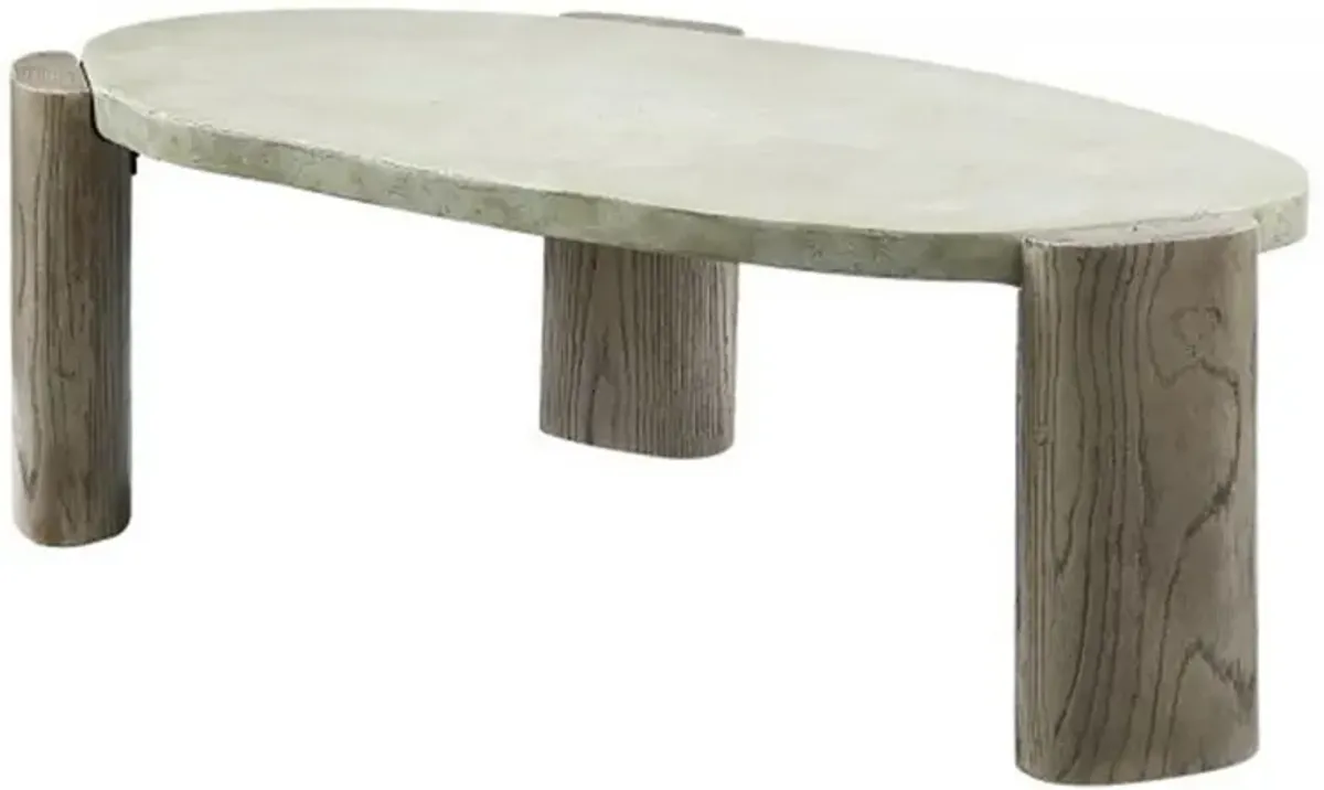 47 Inch Coffee Table, Oval Shape Cement Top, Smooth Gray and Oak Brown - Benzara