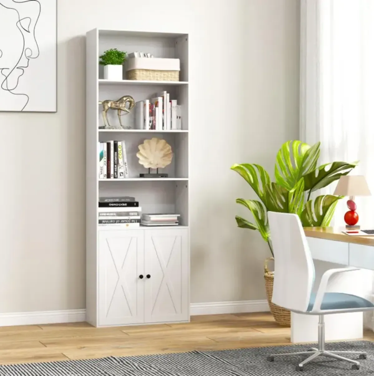 Hivvago Freestanding Bookshelf with 6 Shelves and 2-Door Cabinet