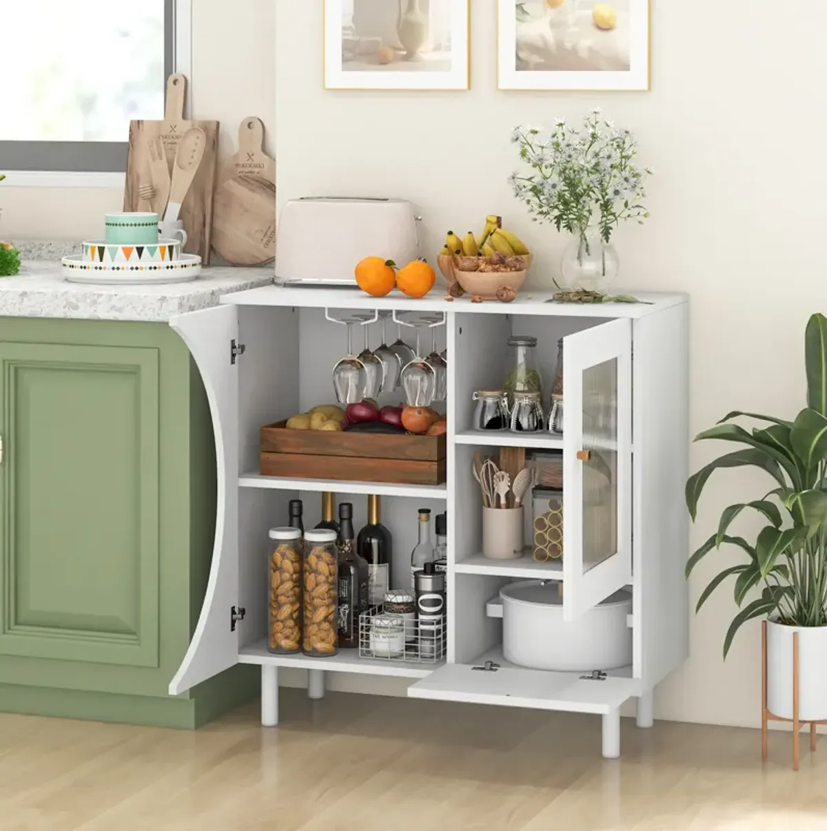 Kitchen Sideboard with Glasses Holder for Living Room Dining Room-White