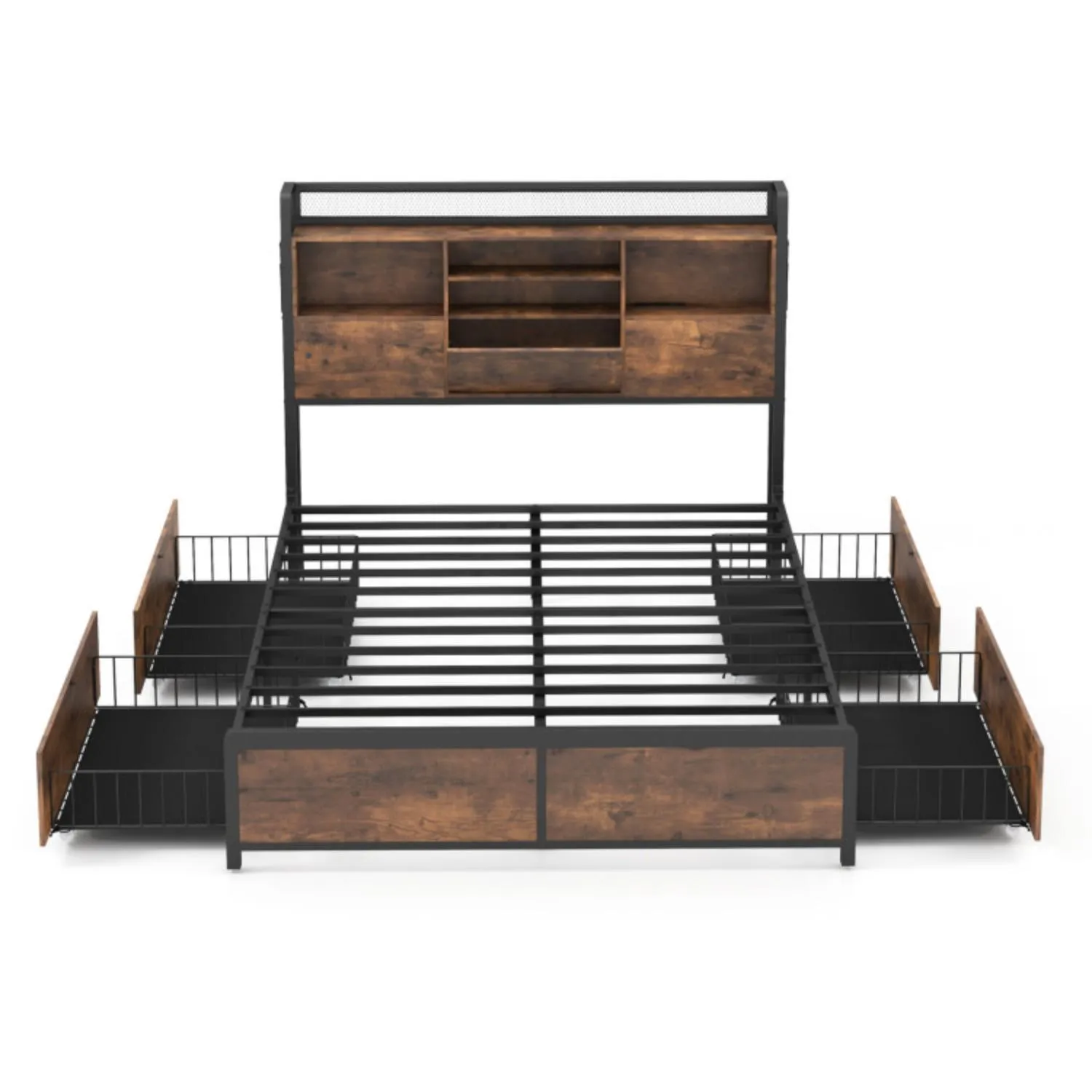 Hivvago Full/Queen Size Bed Frame with Bookcase Headboard and 4 Storage Drawers