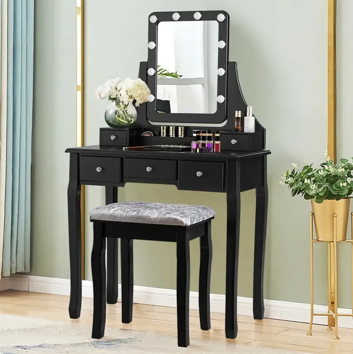 Vanity Dressing Table Set with 10 Dimmable Bulbs and Cushioned Stool