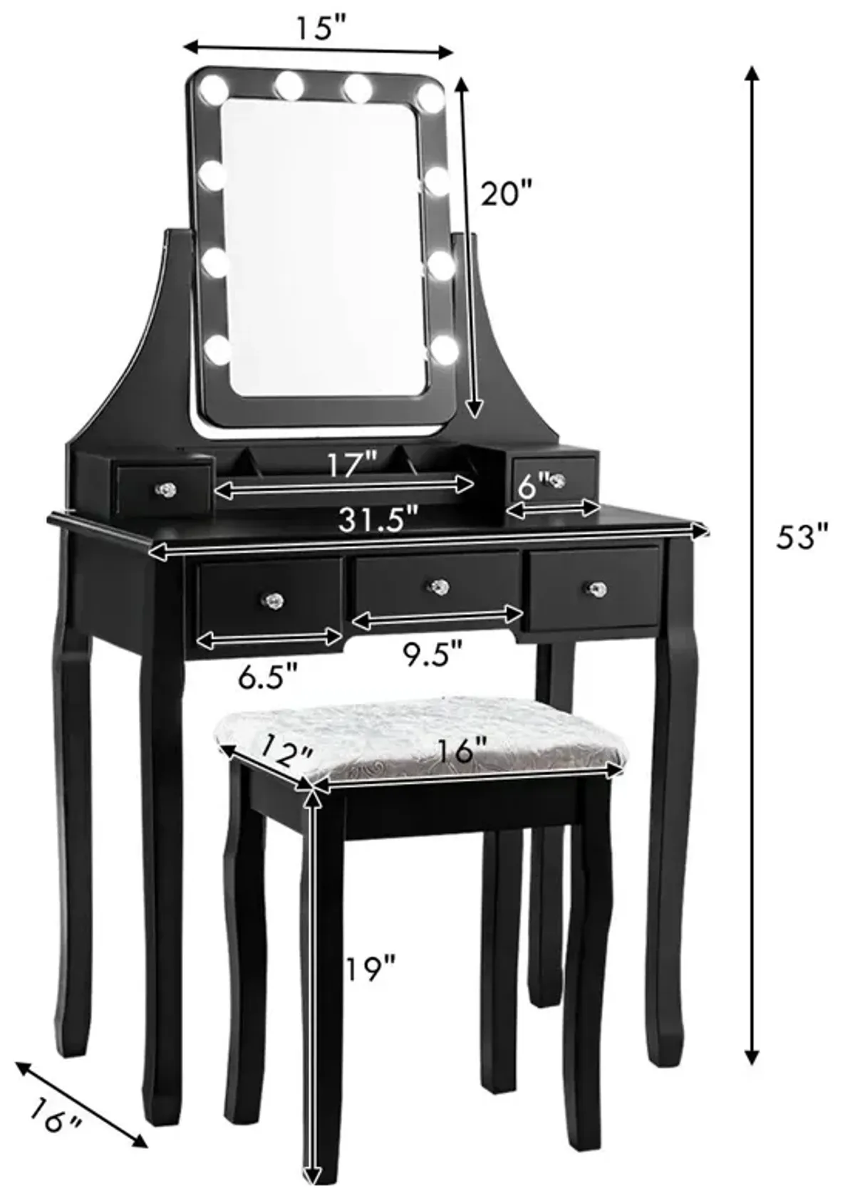 Vanity Dressing Table Set with 10 Dimmable Bulbs and Cushioned Stool