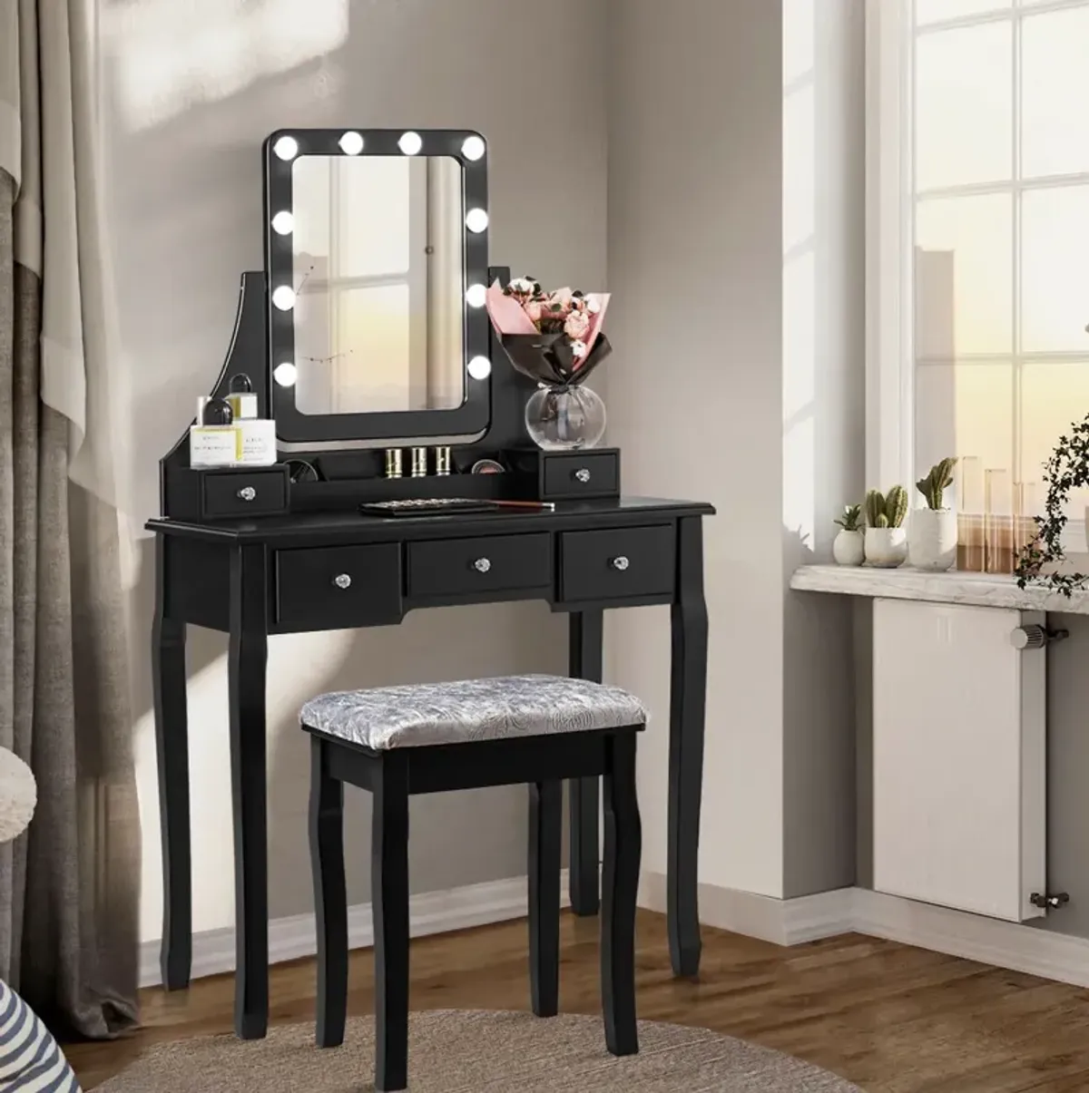 Vanity Dressing Table Set with 10 Dimmable Bulbs and Cushioned Stool