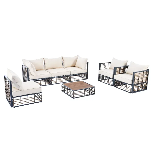 Whisen Modern Minimalist 7-Piece Patio Sectional Sofa Set, All-Weather Garden Conversation Furniture Set - Gray