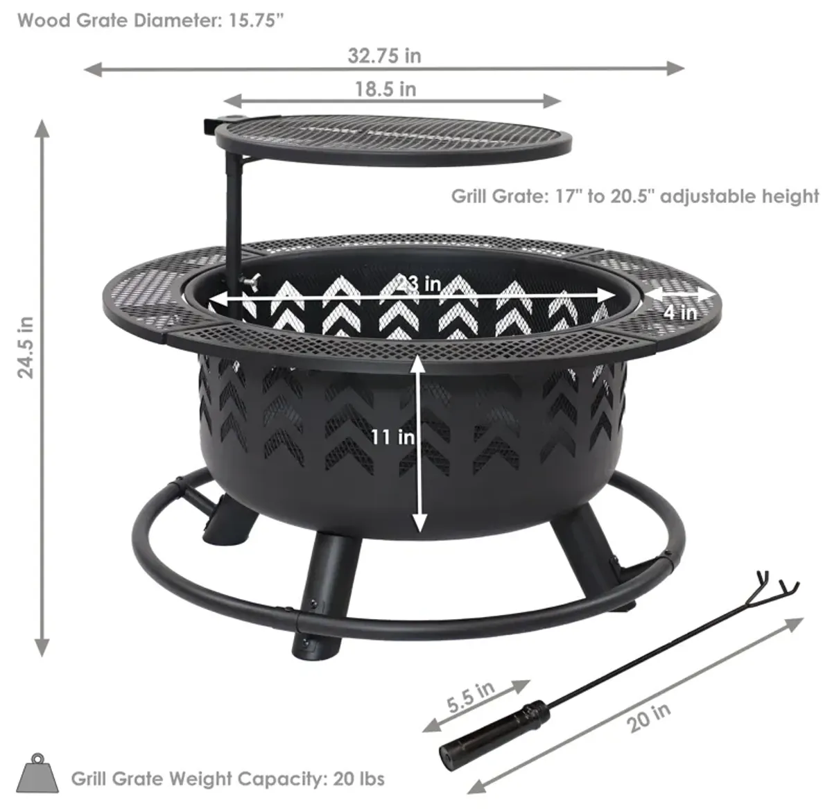 Sunnydaze 32.75 in Arrow Motif Steel Fire Pit with Cooking Grate - Black