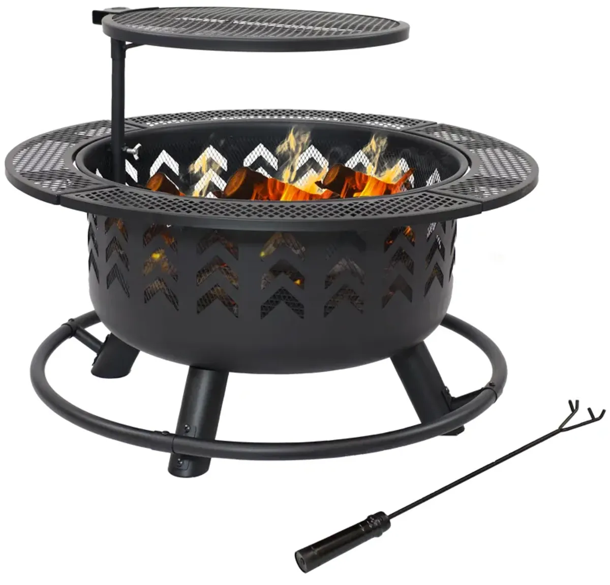 Sunnydaze 32.75 in Arrow Motif Steel Fire Pit with Cooking Grate - Black