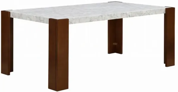 Dining Table, 72 Inch White Rectangular Faux Marble Top, Brown Wood - Benzara