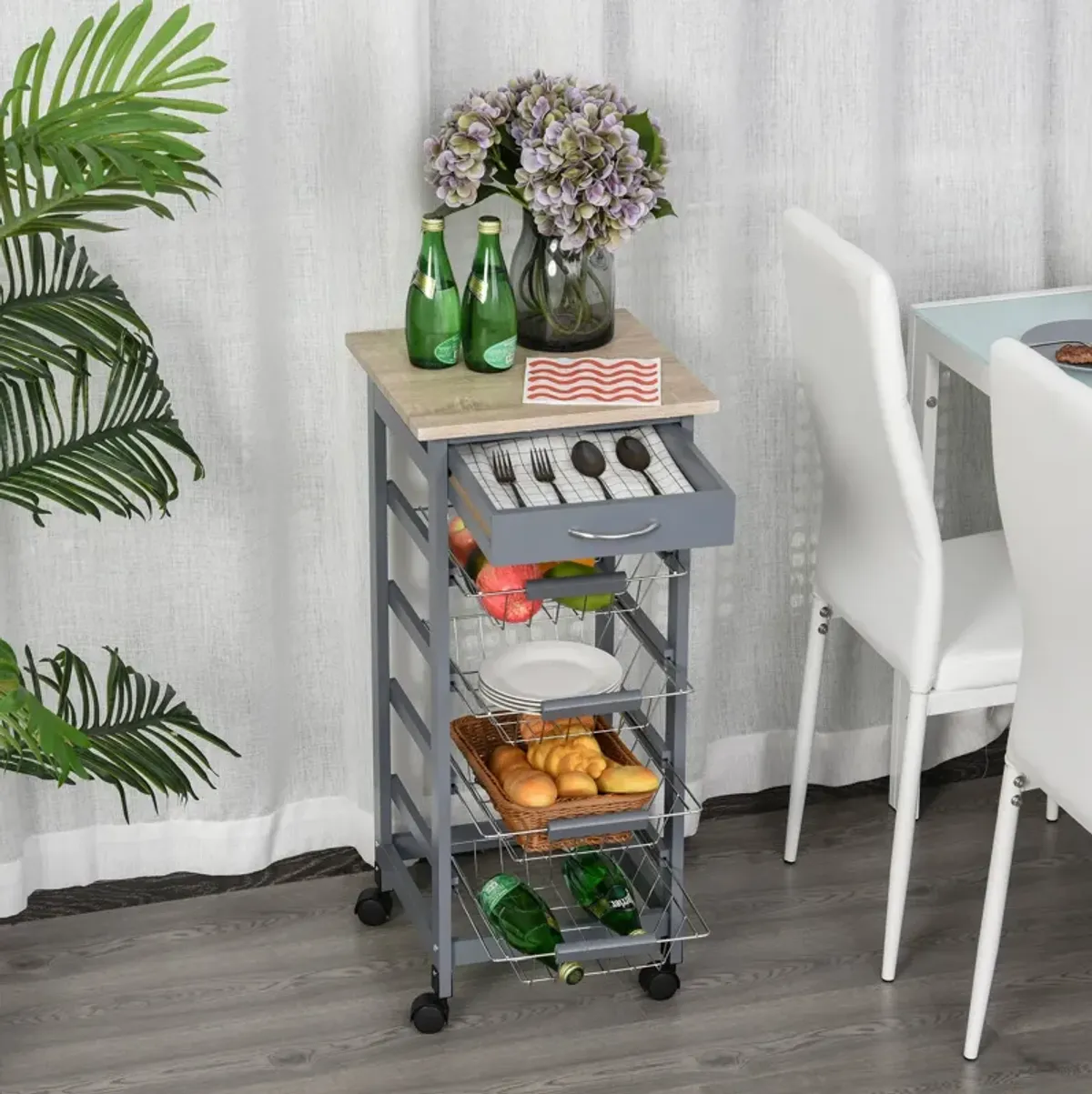 Gray Kitchen Trolley: Mobile Utility Cart with Drawer and 360° Wheels