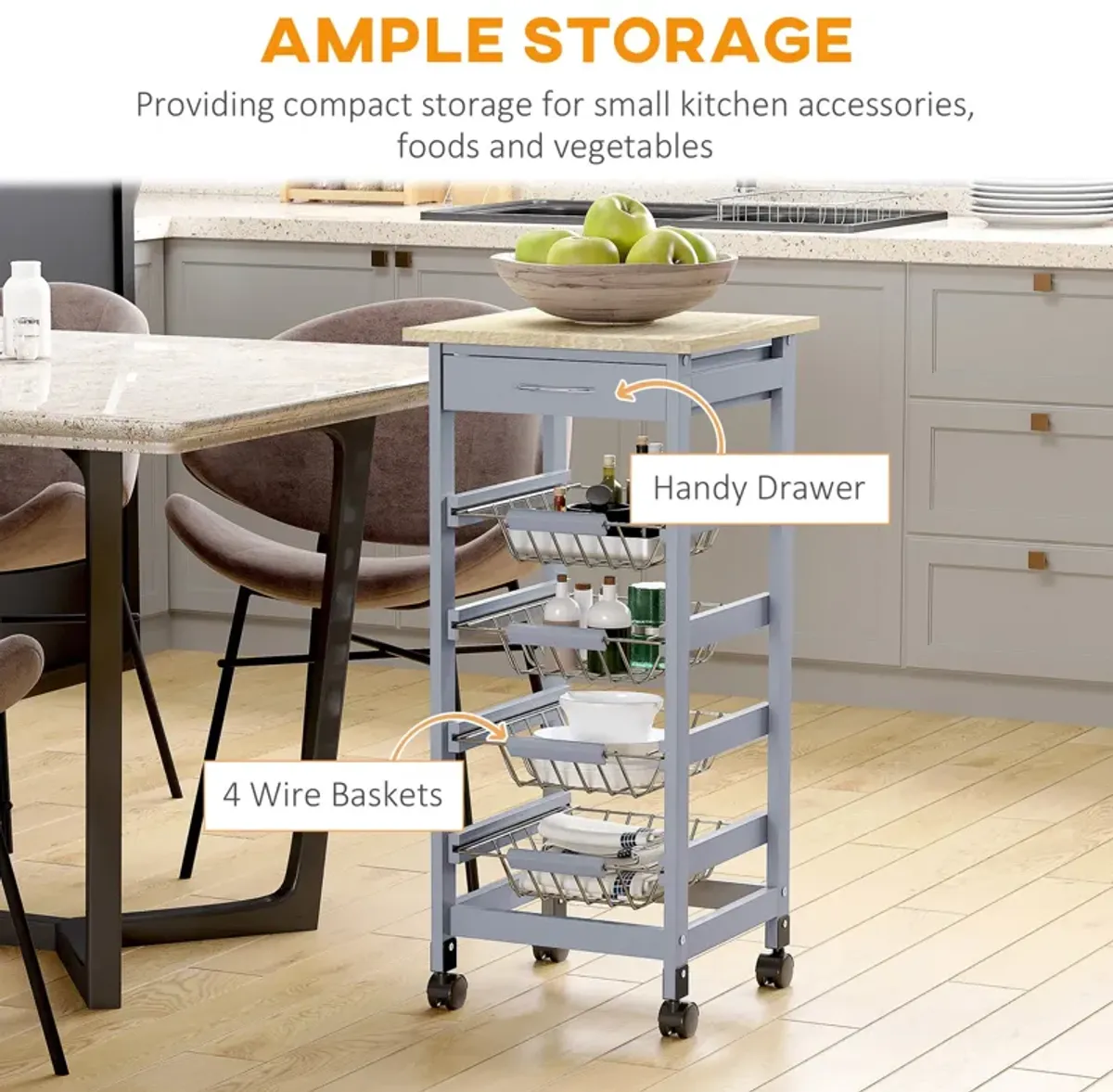 Gray Kitchen Trolley: Mobile Utility Cart with Drawer and 360° Wheels