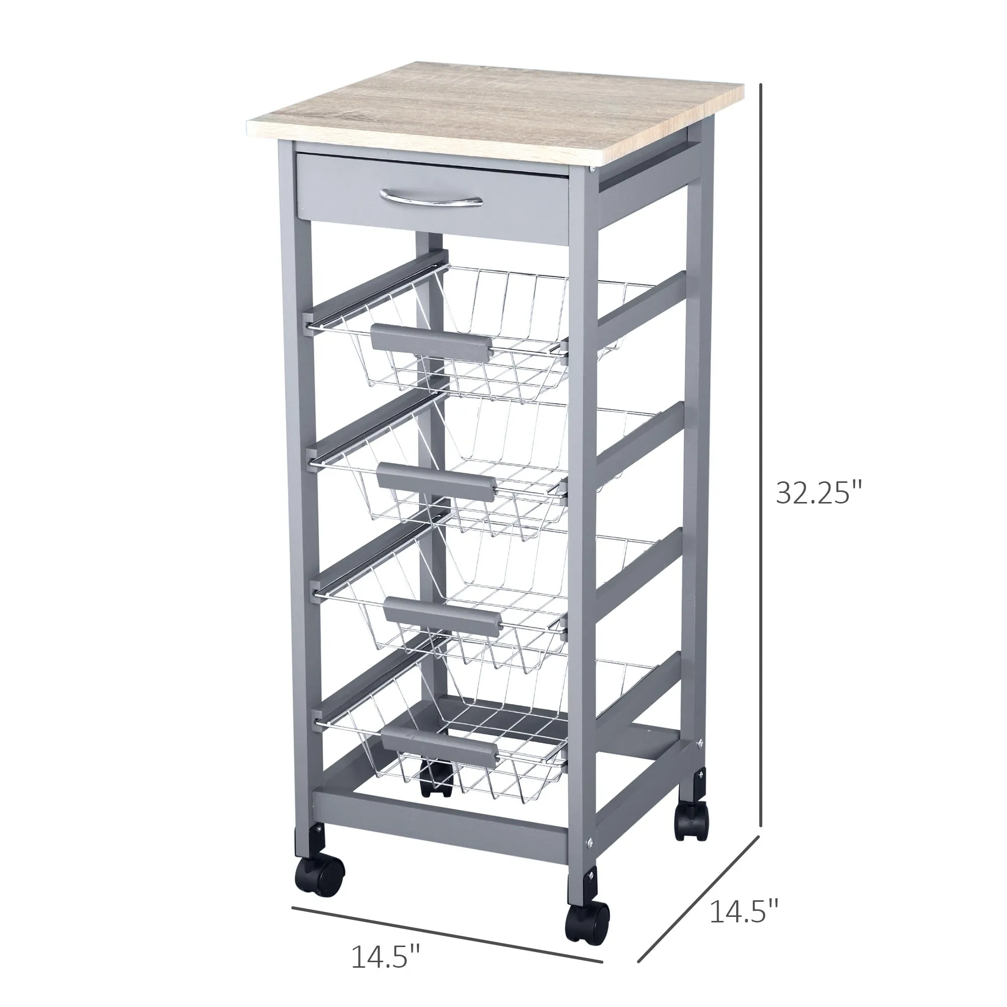 Compact Kitchen Cart, Rolling Kitchen Island with Storage, Solid Wood Frame Utility Cart with 4 Wire Fruit Baskets and Drawer, Gray