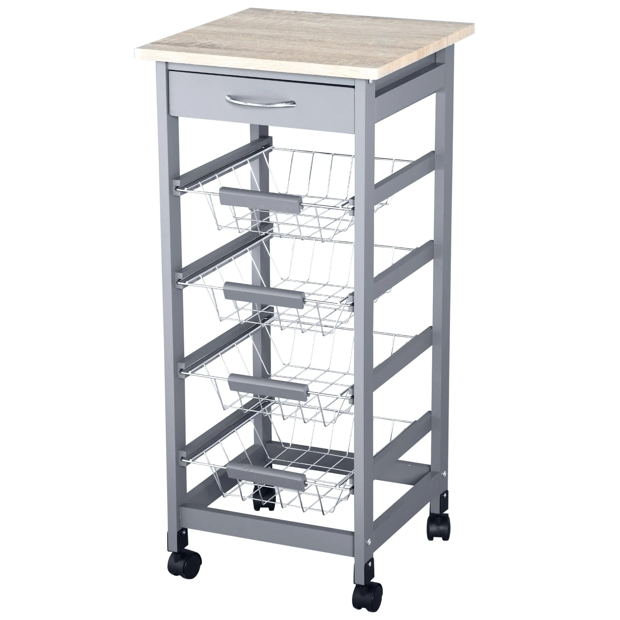 Compact Kitchen Cart, Rolling Kitchen Island with Storage, Solid Wood Frame Utility Cart with 4 Wire Fruit Baskets and Drawer, Gray