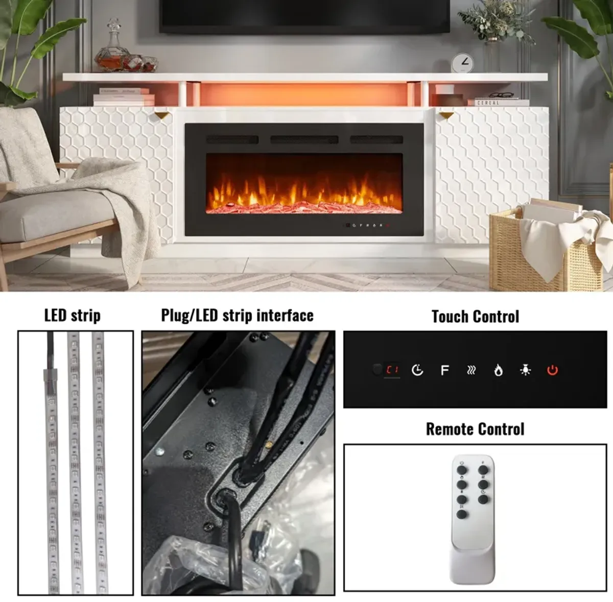 36 in. Direct Vent Electric Fireplace Insert with Remote Control & LED Strip