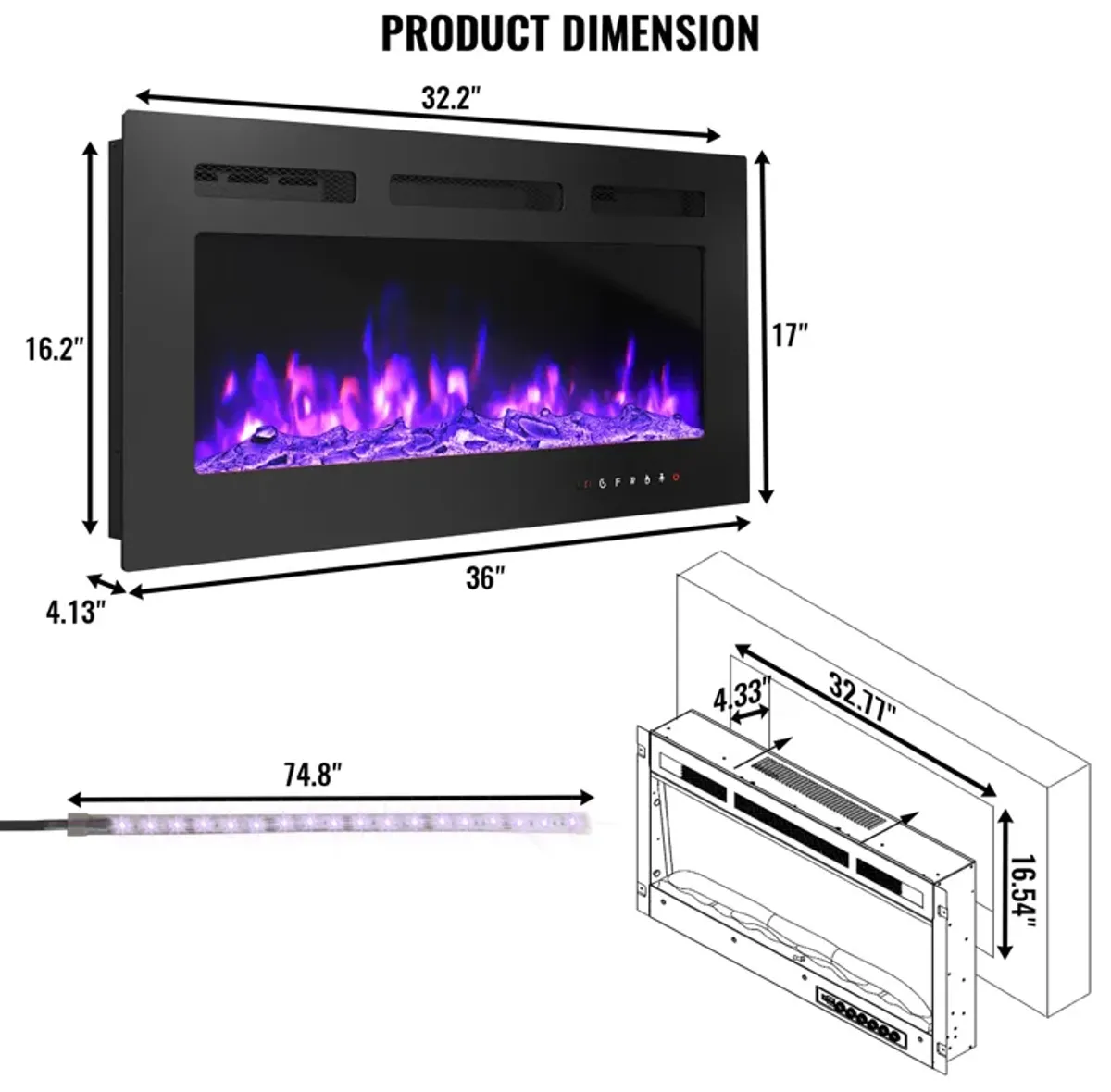 36 in. Direct Vent Electric Fireplace Insert with Remote Control & LED Strip