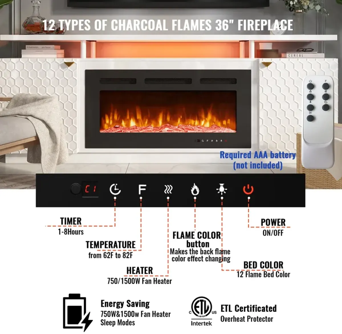 36 in. Direct Vent Electric Fireplace Insert with Remote Control & LED Strip