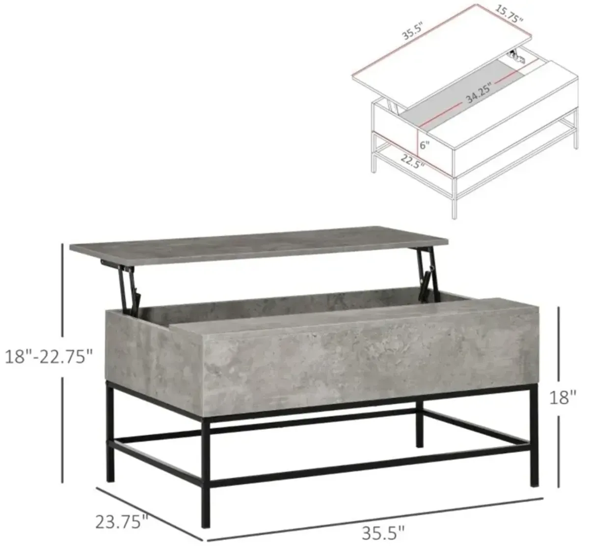 Hivvago Modern Grey Lift Top Coffee Table w/ Hidden Storage Black Metal Legs