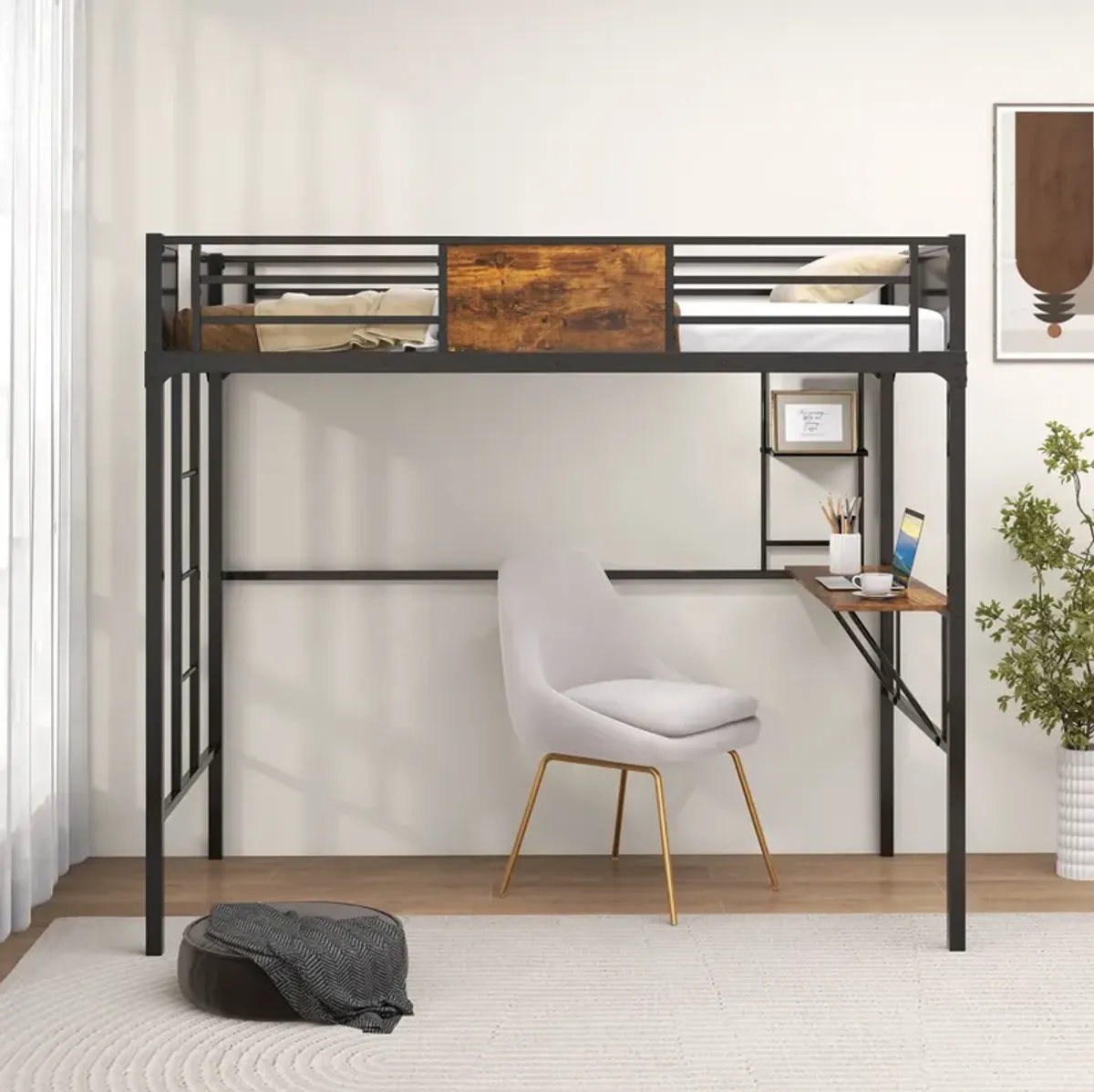 Twin Size Industrial Metal Loft Bed with Desk Storage Shelf and Build-in Ladder-Twin Size