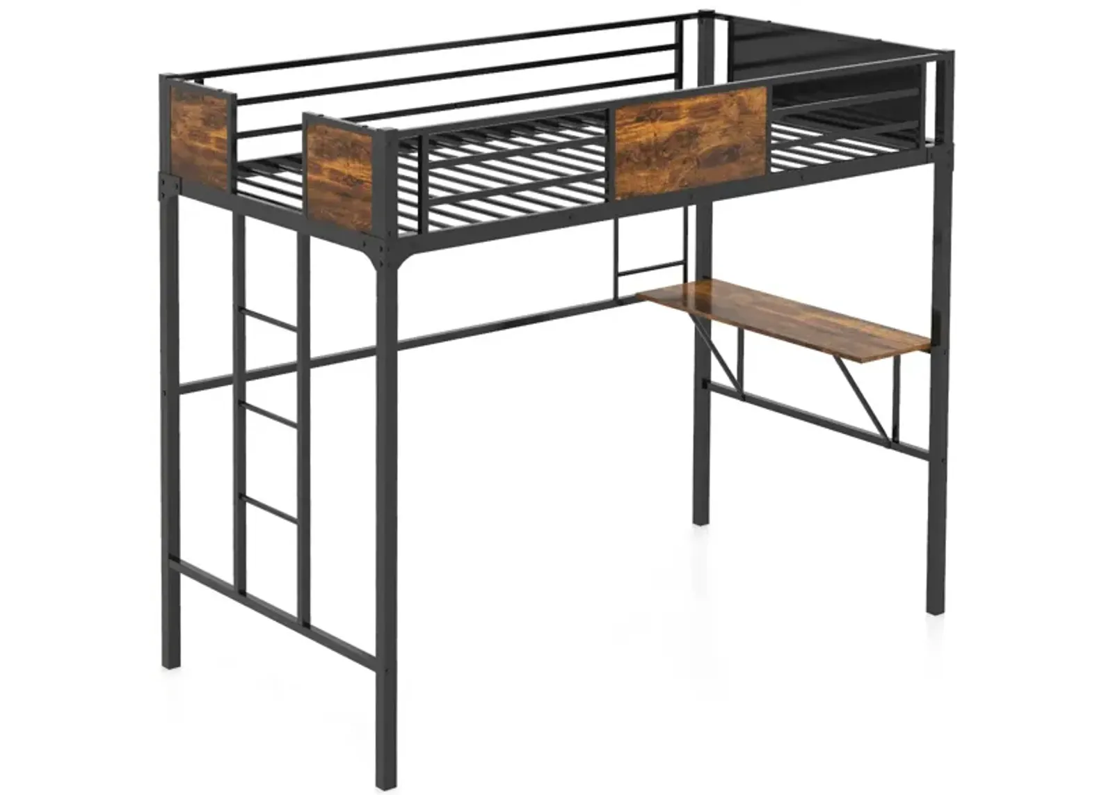 Twin Size Industrial Metal Loft Bed with Desk Storage Shelf and Build-in Ladder-Twin Size