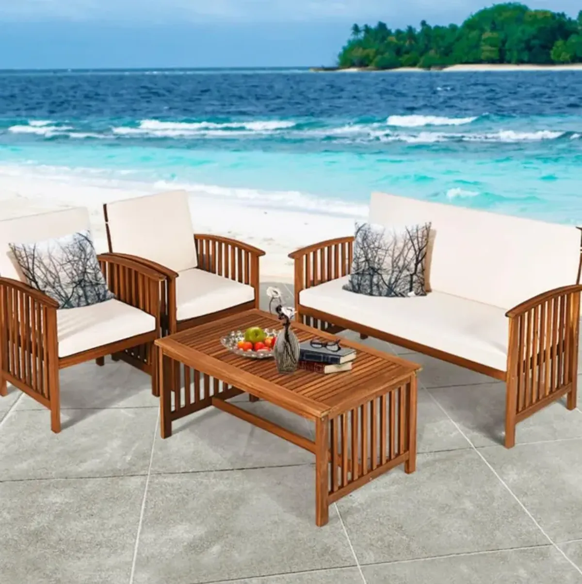 Hivvago 4 Pieces Patio Solid Wood Furniture Set with Water Resistant Cushions