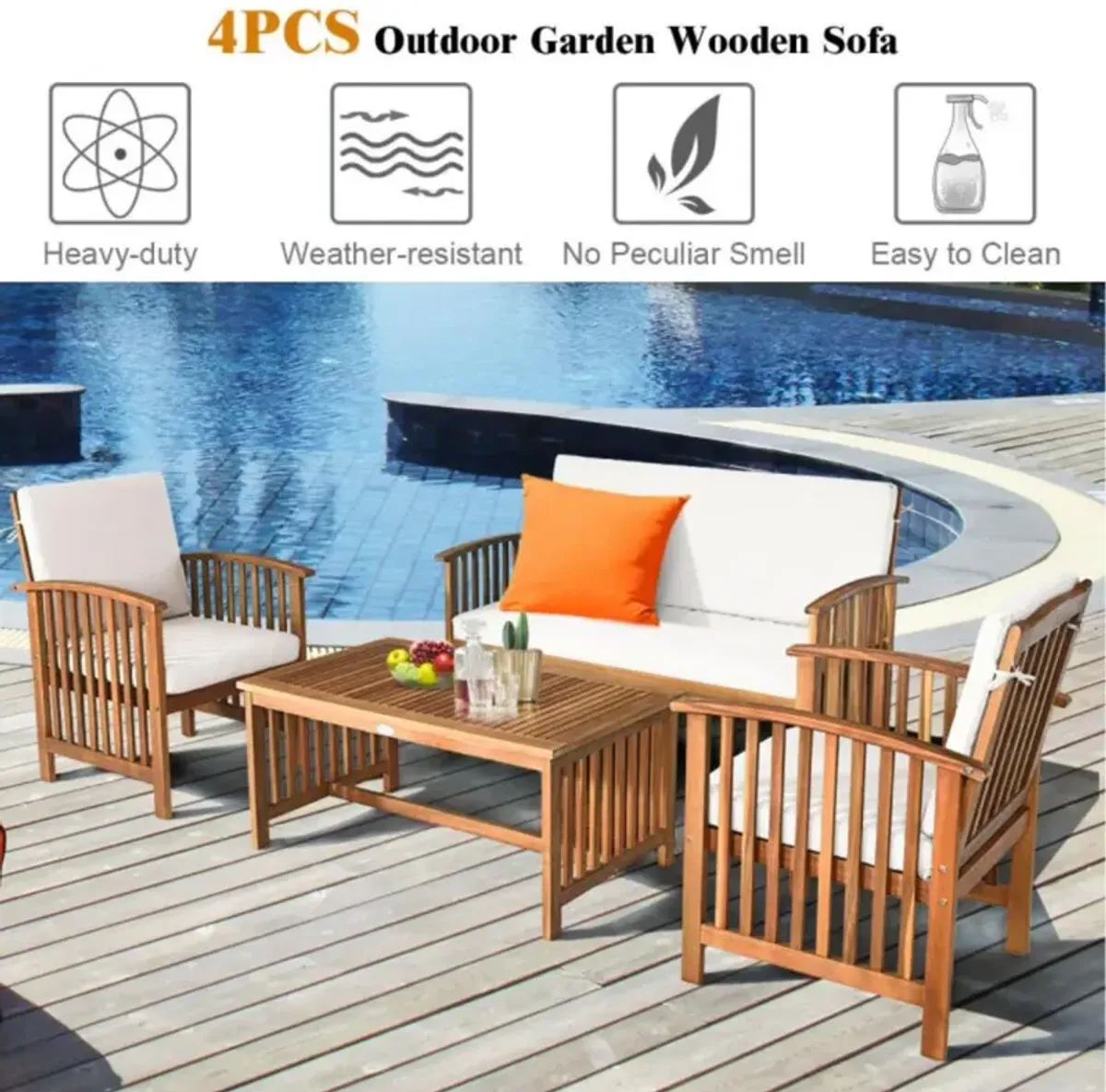 Hivvago 4 Pieces Patio Solid Wood Furniture Set with Water Resistant Cushions