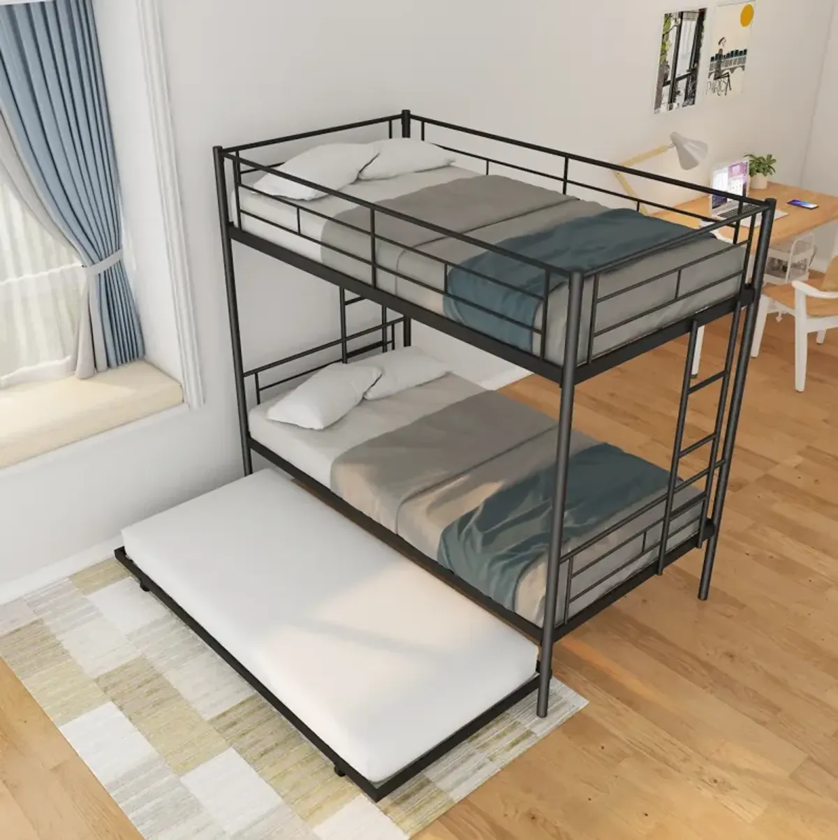 Twin Over Twin Metal Bunk Bed Frame With Trundle