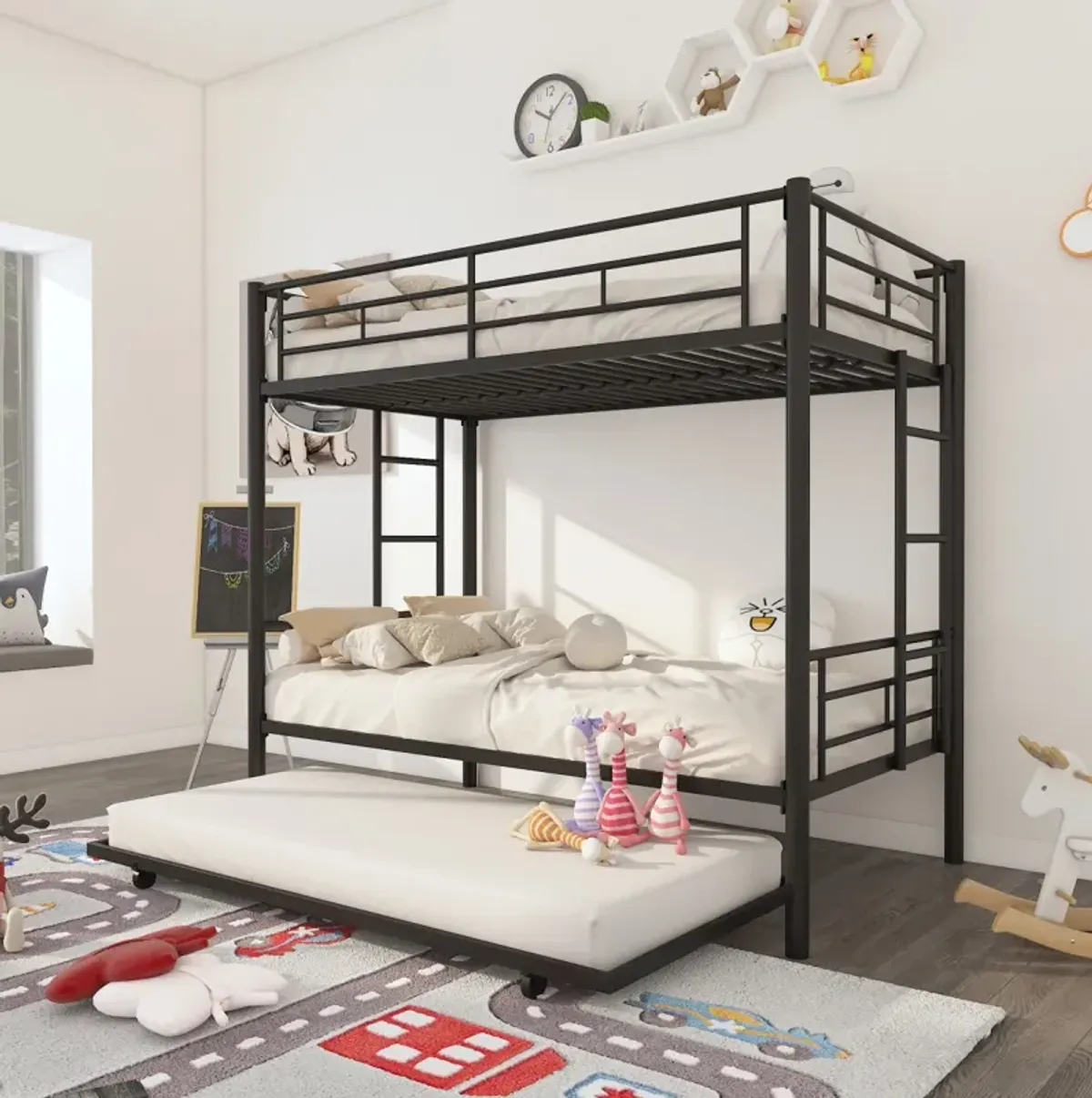 Twin Over Twin Metal Bunk Bed Frame With Trundle