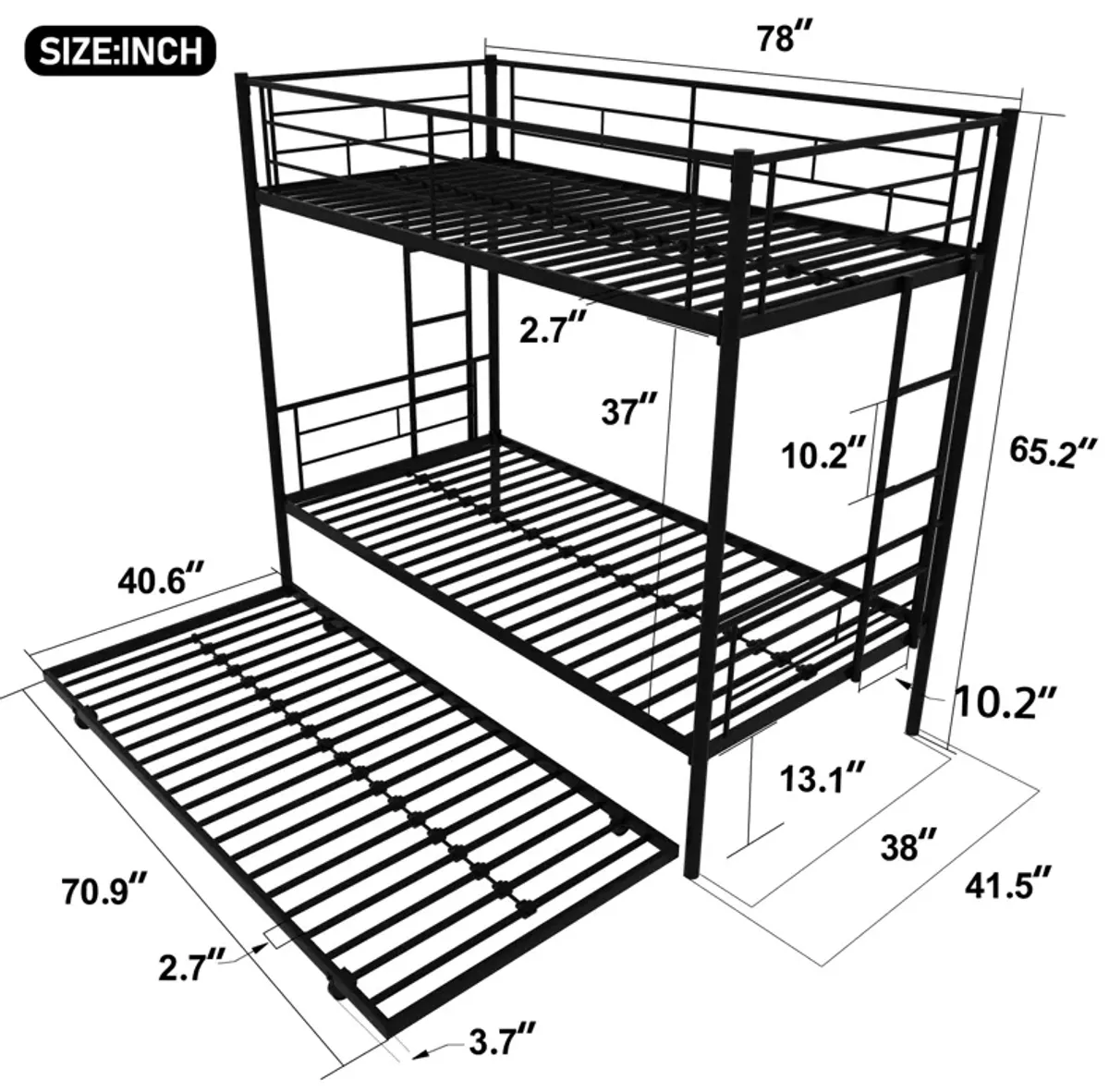 Twin Over Twin Metal Bunk Bed Frame With Trundle