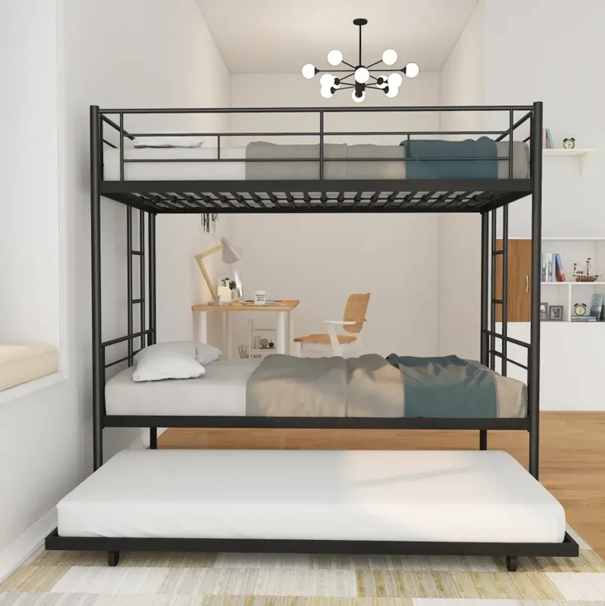 Twin Over Twin Metal Bunk Bed Frame With Trundle