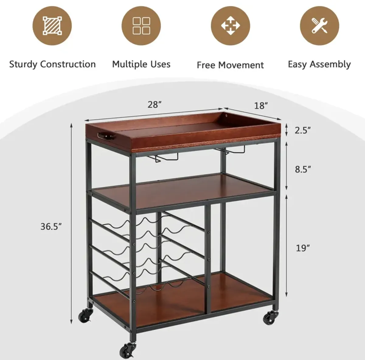 3 Tiers Storage Bar Serving Cart with Wine Rack