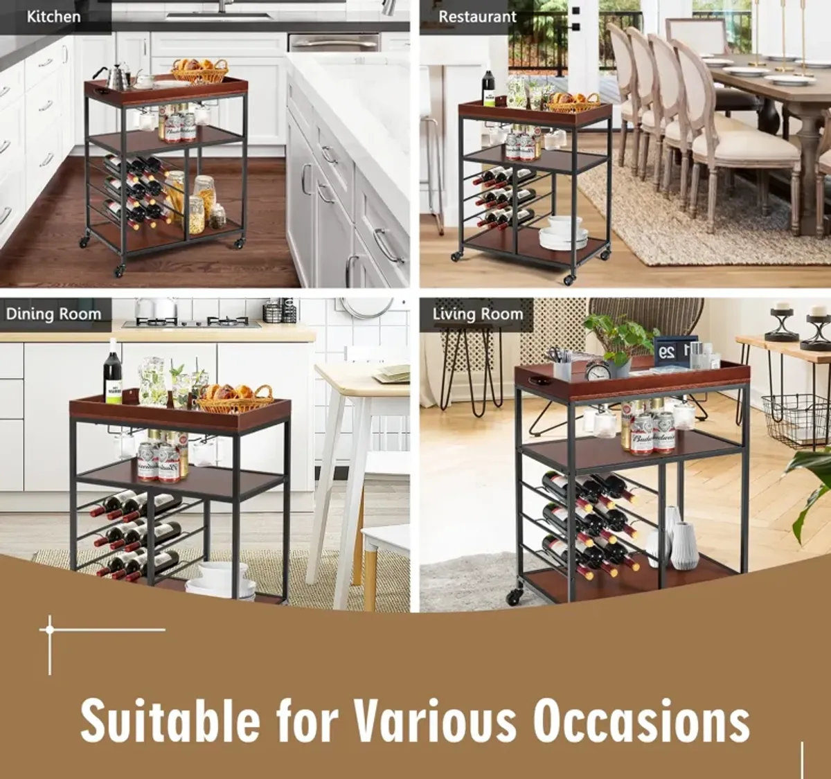 3 Tiers Storage Bar Serving Cart with Wine Rack