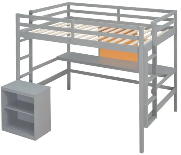 Loft Bed with Desk and Writing Board, Wooden Bed with 2-Drawer Cabinet for Storage