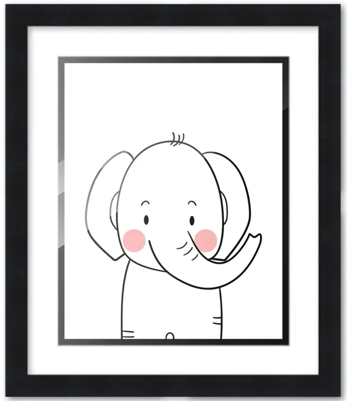 8x10 Framed Nursery Wall Art Black & White Elephant Poster with White Mat in a 10x12 Black Wood Frame