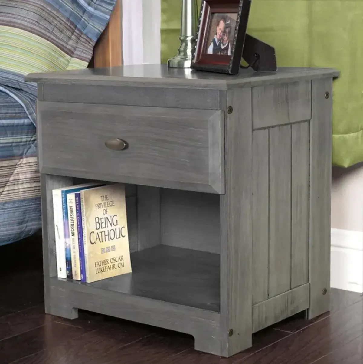 American Furniture Classics Model 83260KD Solid Pine One Drawer Night Stand in Charcoal Gray