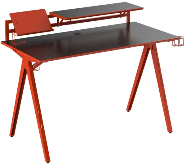Red Gamer's Desk: 53" Gaming Station with Monitor Shelf