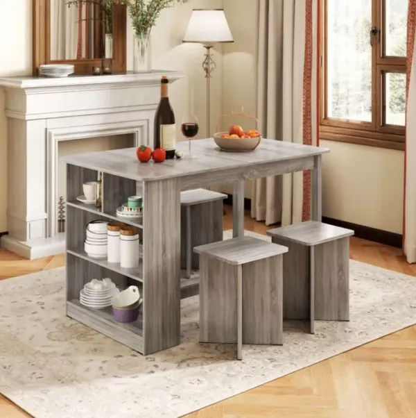 Hivvago 5 Pieces Dining Table Set with Storage Shelf and 4 Stools