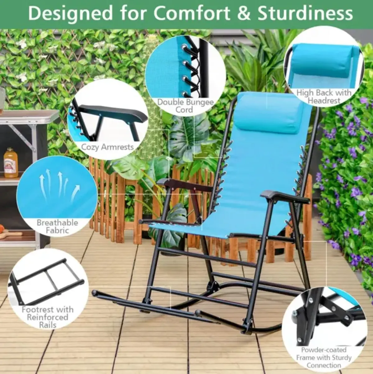 Hivvago Outdoor Patio Camping Lightweight Folding Rocking Chair with Footrest