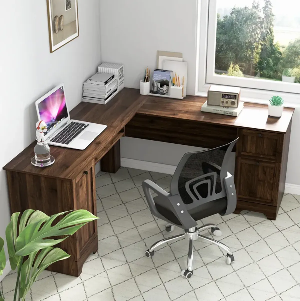 L-Shaped Office Desk with Storage Drawers and Keyboard Tray-Walnut