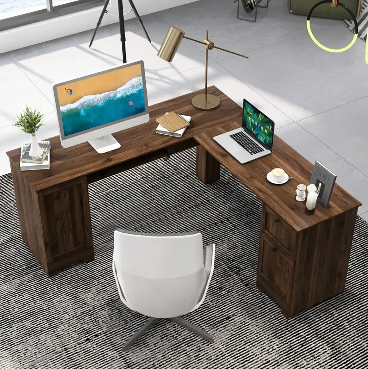 L-Shaped Office Desk with Storage Drawers and Keyboard Tray-Walnut