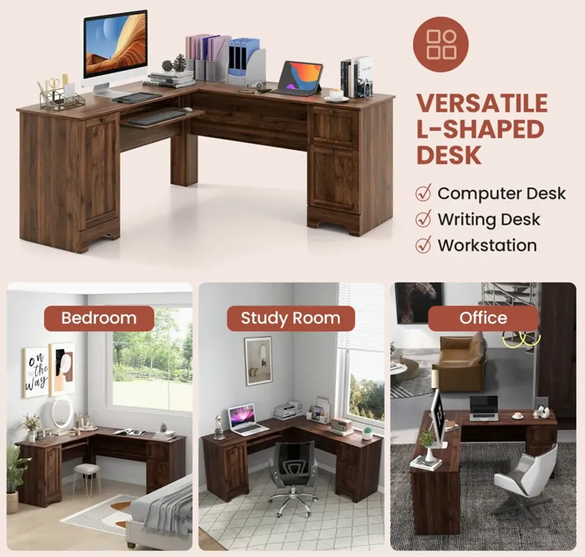 L-Shaped Office Desk with Storage Drawers and Keyboard Tray-Walnut