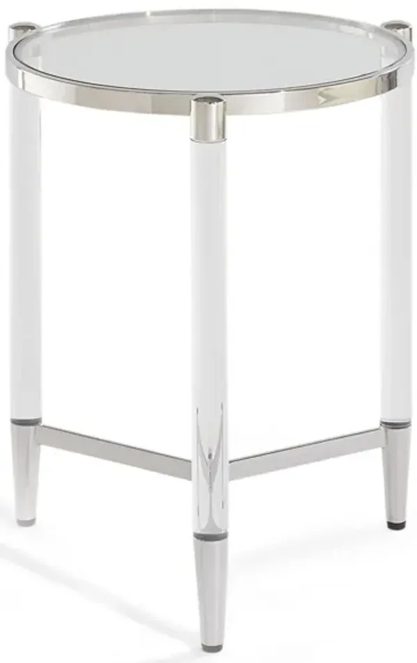 Benjara Mase 24 Inch Round Side End Table, Glass Top, Acrylic Legs, Steel Frame, Silver