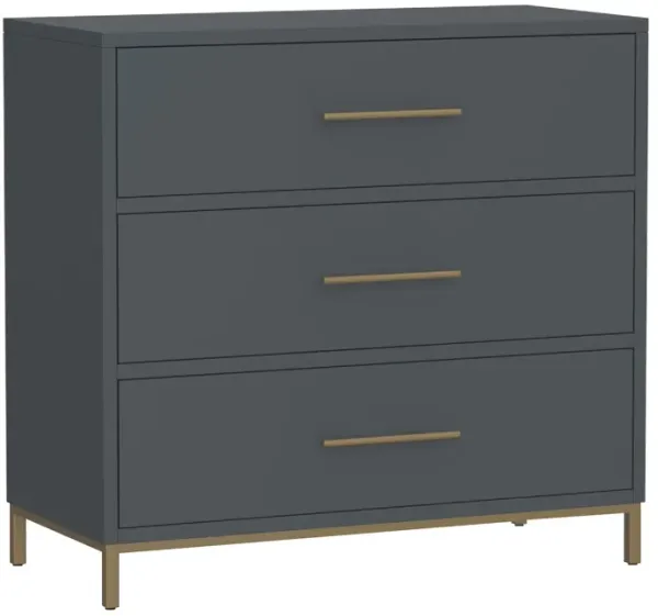 Max 36 Inch 3 Drawer Small Dresser Chest, Brass Metal Frame, Slate Gray-Benzara
