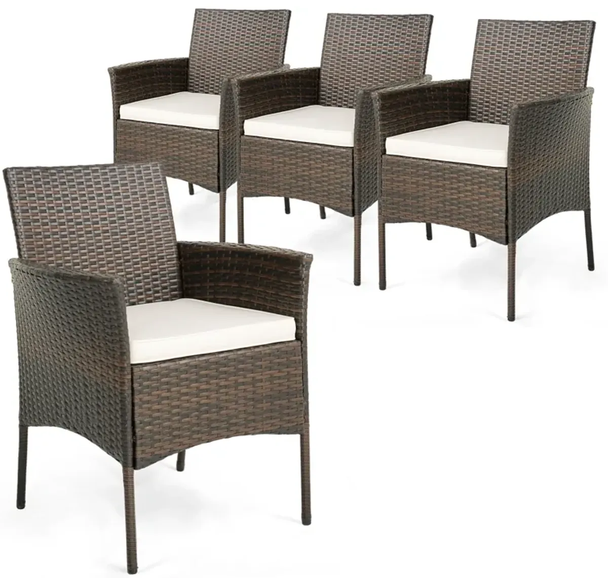 Set of 4 Patio PE Wicker Dining Chairs with Seat Cushions and Armrests-Set of 4