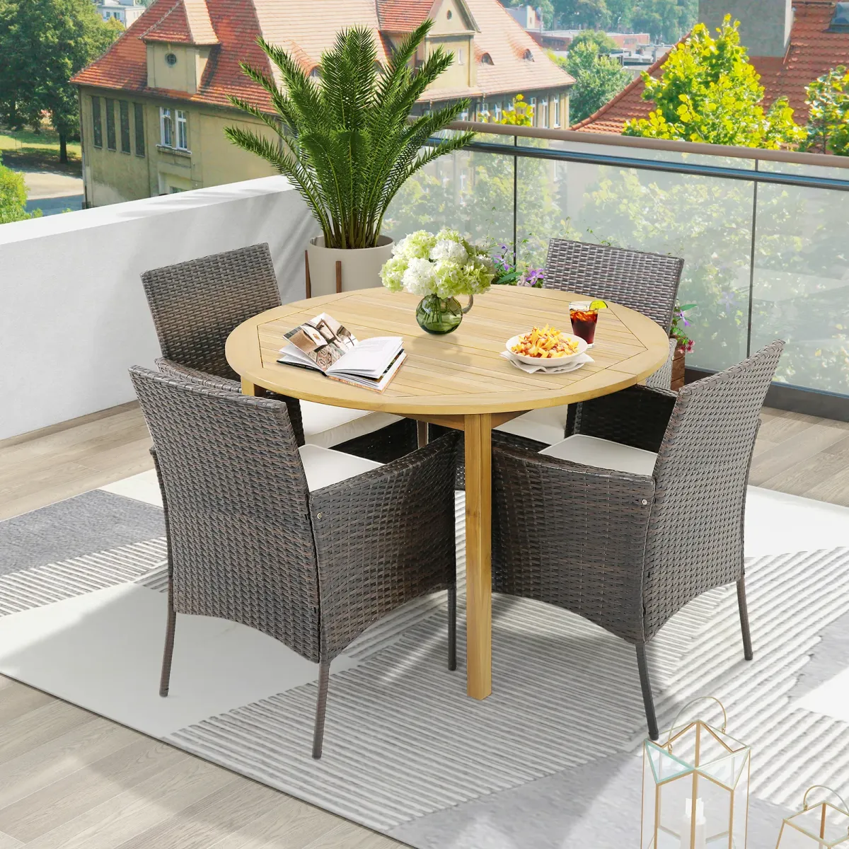 Set of 4 Patio PE Wicker Dining Chairs with Seat Cushions and Armrests-Set of 4