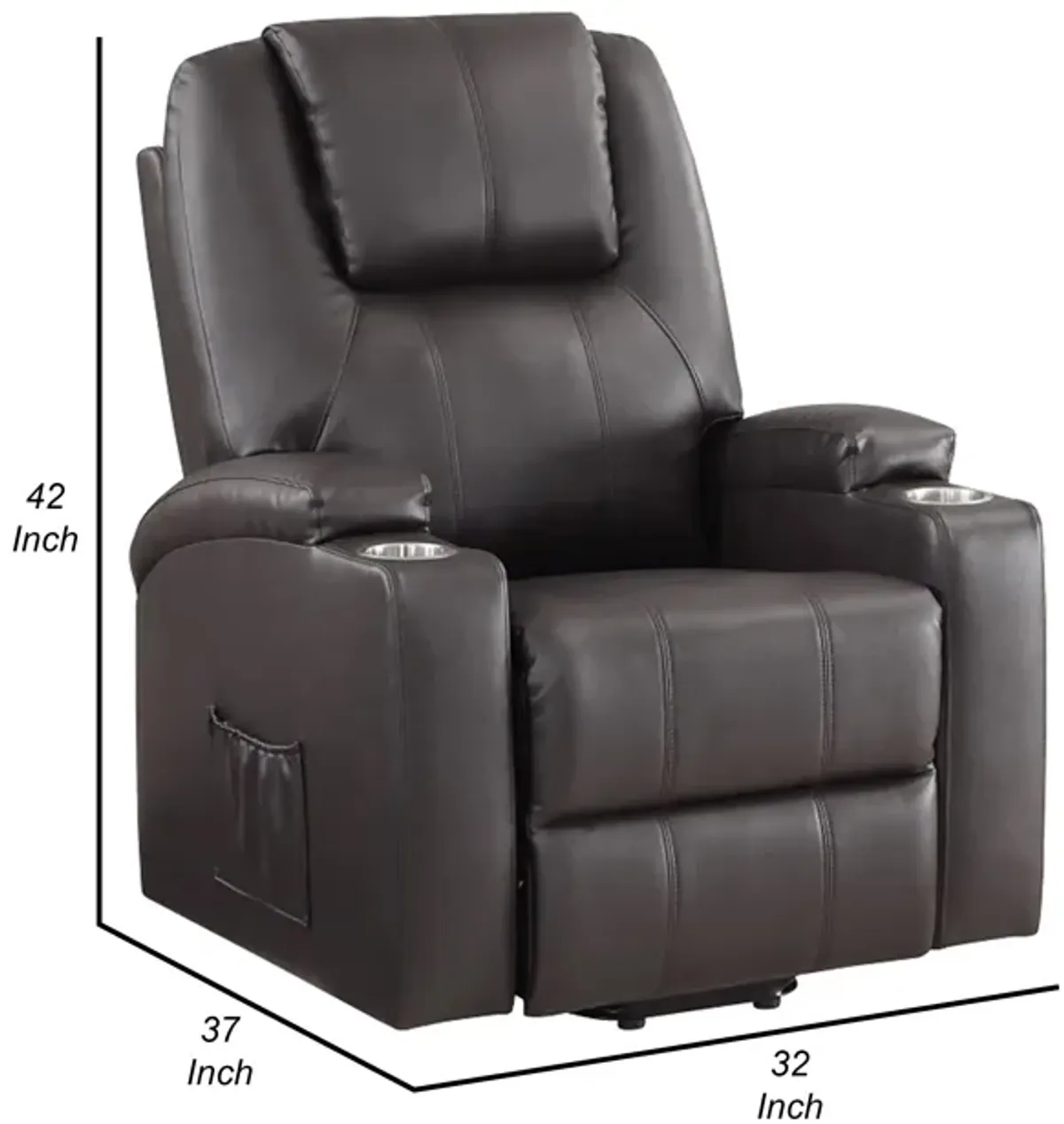 Evans 37 Inch Recliner Chair, Power Lift, 2 Cupholders, Brown Faux Leather - Benzara