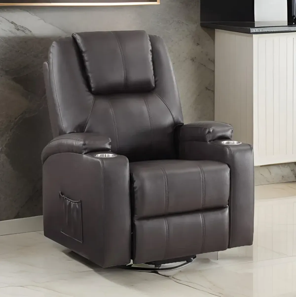 Evans 37 Inch Recliner Chair, Power Lift, 2 Cupholders, Brown Faux Leather - Benzara