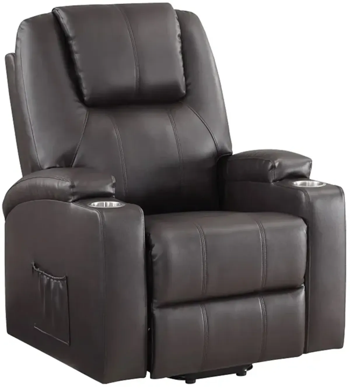 Evans 37 Inch Recliner Chair, Power Lift, 2 Cupholders, Brown Faux Leather - Benzara