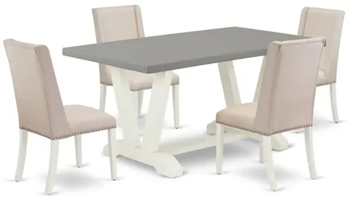 East West Furniture V096FL201-5 5-Piece Beautiful a Good Cement Color Kitchen Table Top and 4 Lovely Linen Fabric Solid Wood Leg Chairs with Nail Heads and Stylish Chair Back, Linen White Finish
