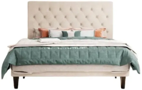 Hivvago King Size Beige Linen Upholstered Platform Bed with Button-Tufted Headboard