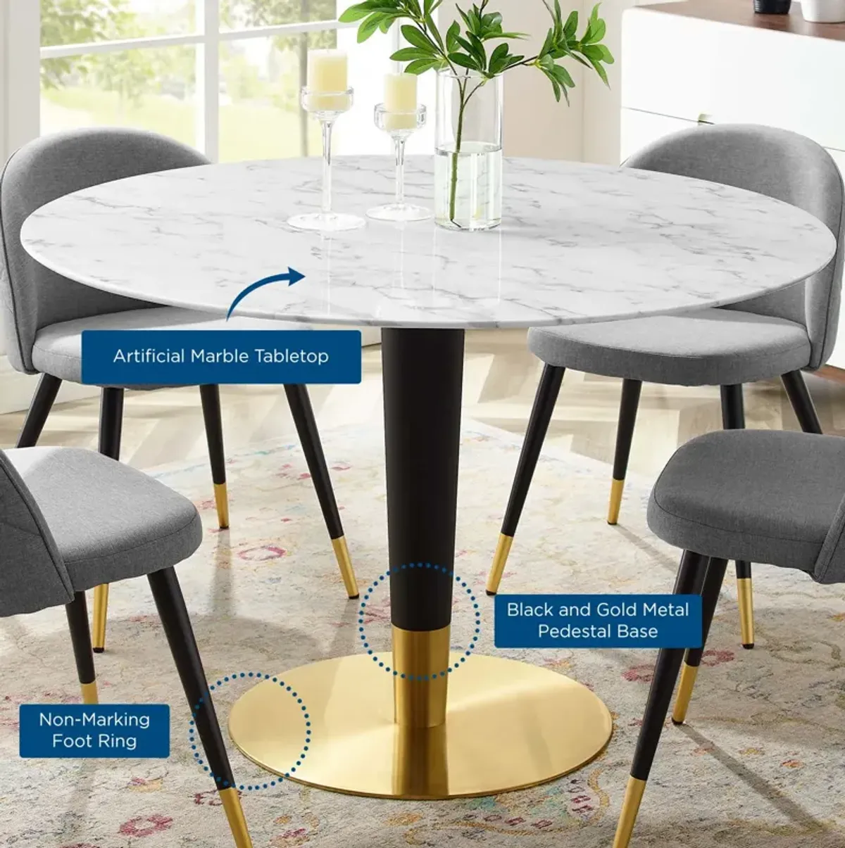 Modway - Zinque 47" Artificial Marble Dining Table Gold White