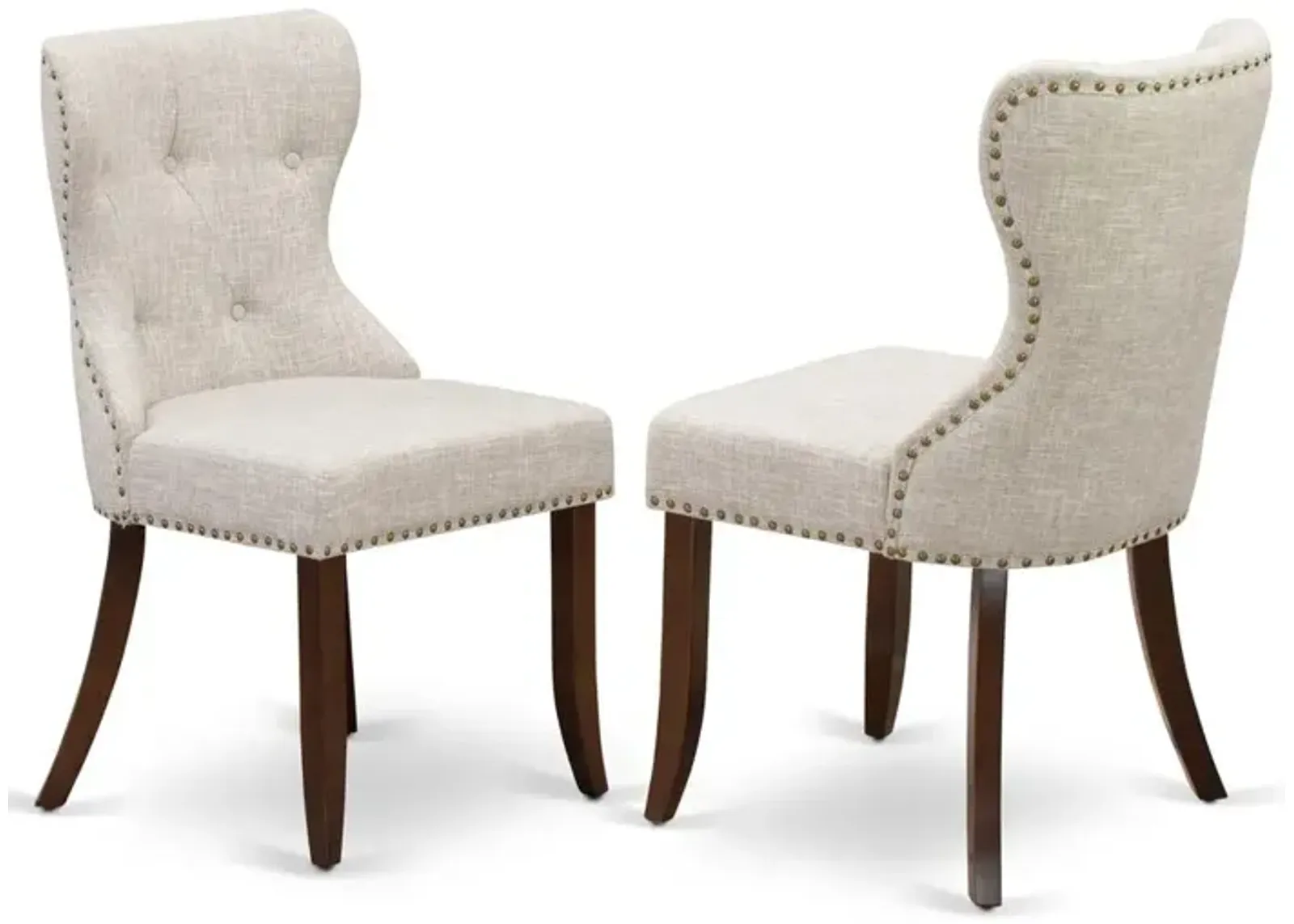 East West Furniture - Set of 2 - Modern Chairs- Kitchen Chair Includes Mahogany Wood Frame with Doeskin Linen Fabric Seat with Nail Head and Button Tufted Back