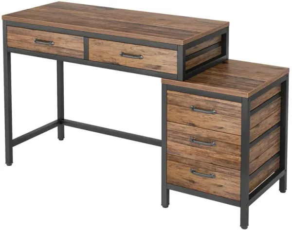 Eli Vanity Desk Table, 5 Drawers, Classic Brown Finish, Black Metal - Benzara